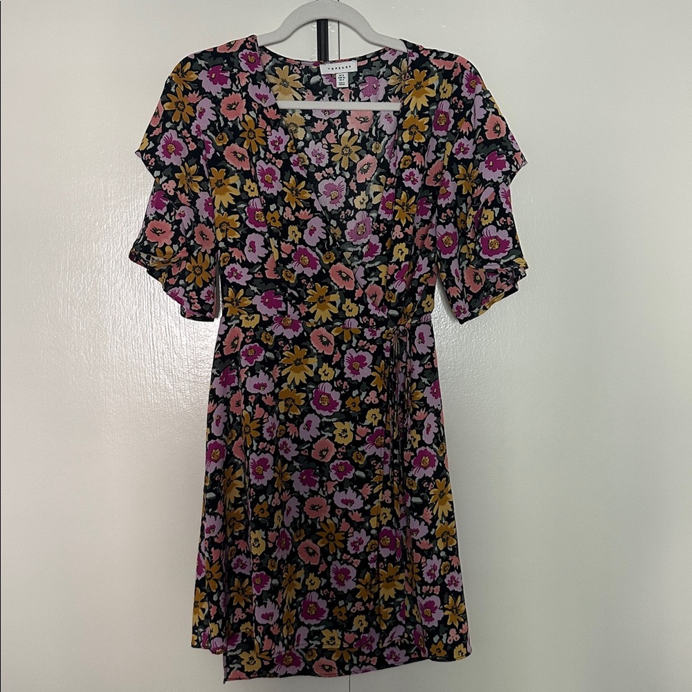 TOP SHOP FLORAL PRINT RUFFLE SLEEVE MINI DRESS - Picture 2 of 4